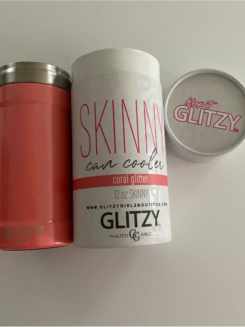 GLITZY Skinny Can Cooler - Coral Glitter
